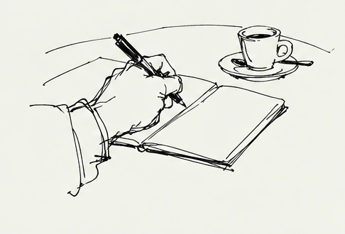 Una mano annota idee su un taccuino, accanto a un caffè