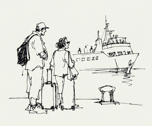 Due viaggiatori sul molo, in attesa del traghetto